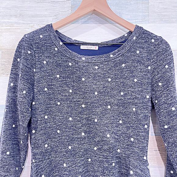 LE LIS Hacci Knit Polka Dot Dress Blue White 3/4 Sleeve Stretch Womens Medium - Picture 2 of 6